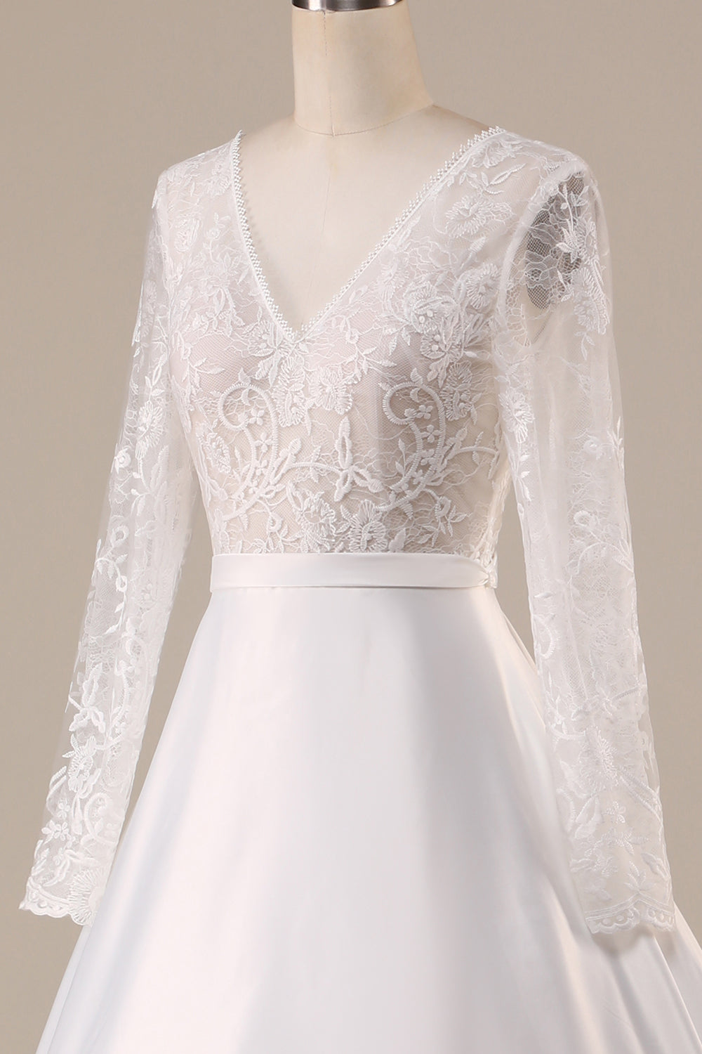 Ivory A Line Tulle Backless Wedding Dress with Long Sleeves V-neck