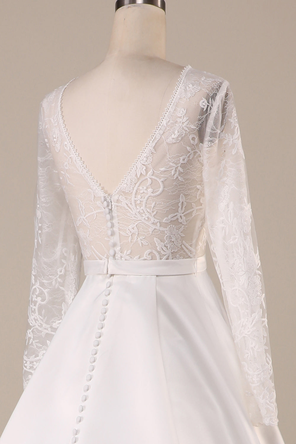 Ivory A Line Tulle Backless Wedding Dress with Long Sleeves V-neck