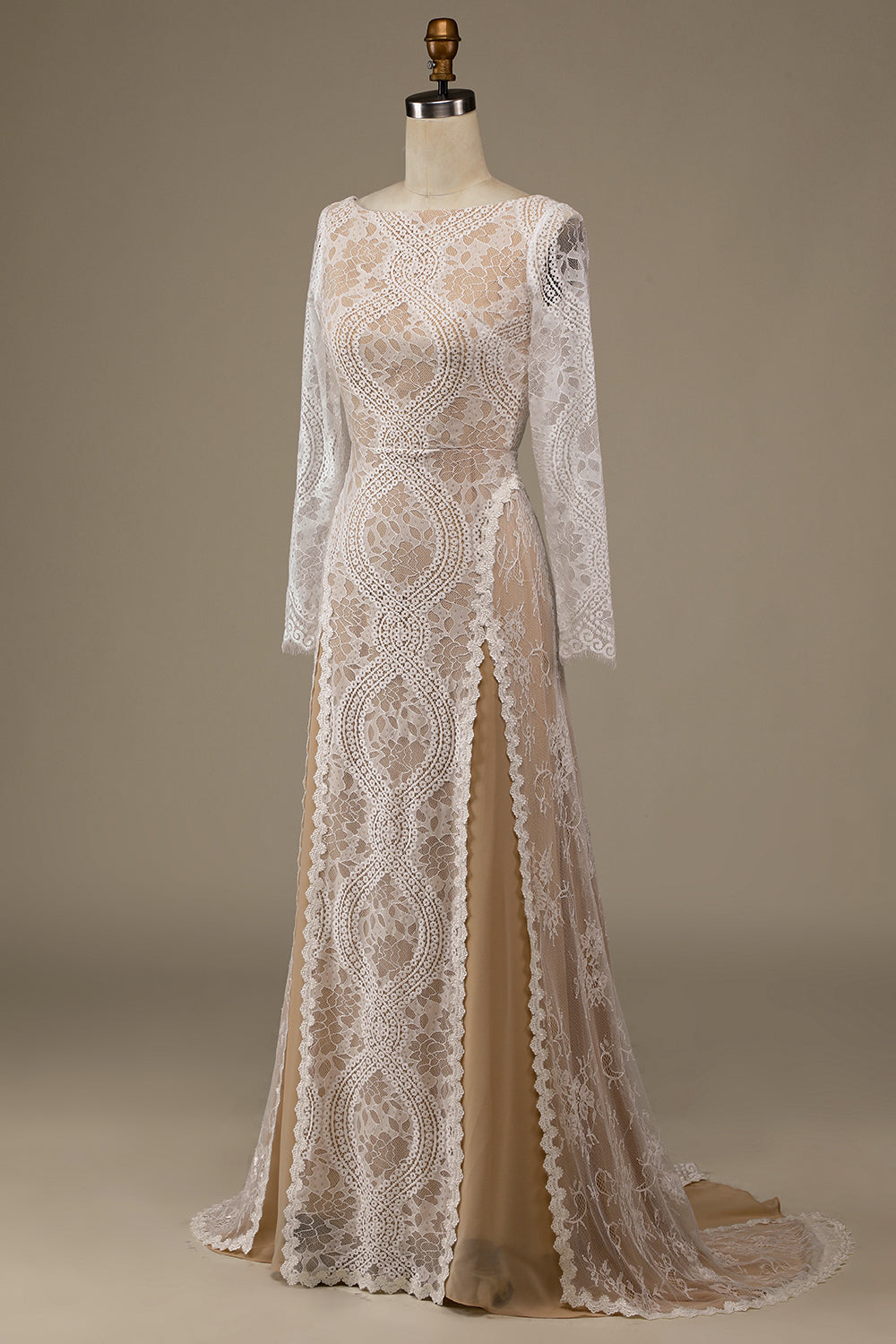Champagne Long Sleeves Sweep Train Wedding Dress with Lace Open Back