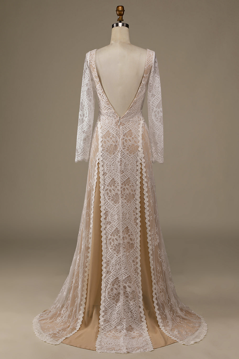 Champagne Long Sleeves Sweep Train Wedding Dress with Lace Open Back