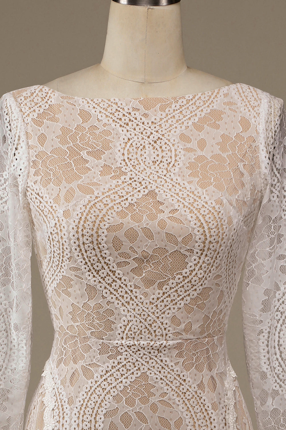 Champagne Long Sleeves Sweep Train Wedding Dress with Lace Open Back