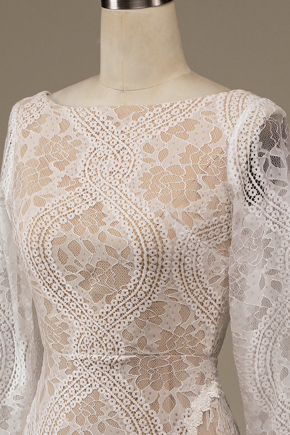 Champagne Long Sleeves Sweep Train Wedding Dress with Lace Open Back
