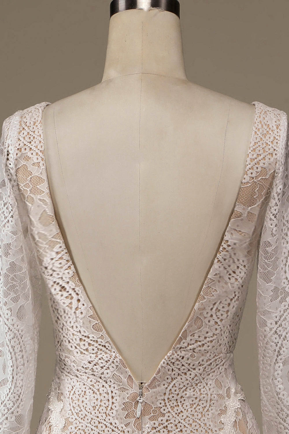 Champagne Long Sleeves Sweep Train Wedding Dress with Lace Open Back