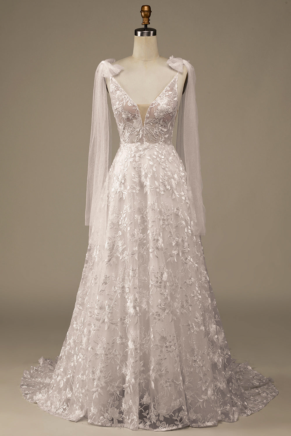 Ball-Gown/Princess Illusion Court Train Lace Wedding Dress with Bowknot Sexy