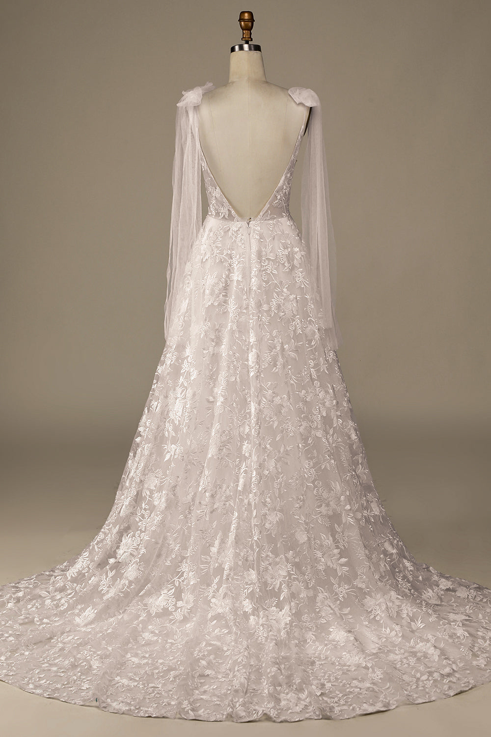 Ball-Gown/Princess Illusion Court Train Lace Wedding Dress with Bowknot Sexy