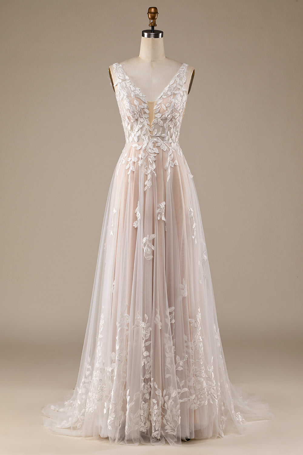 Ivory A Line V-Neck Backless Tulle Wedding Dress with Lace Open Back