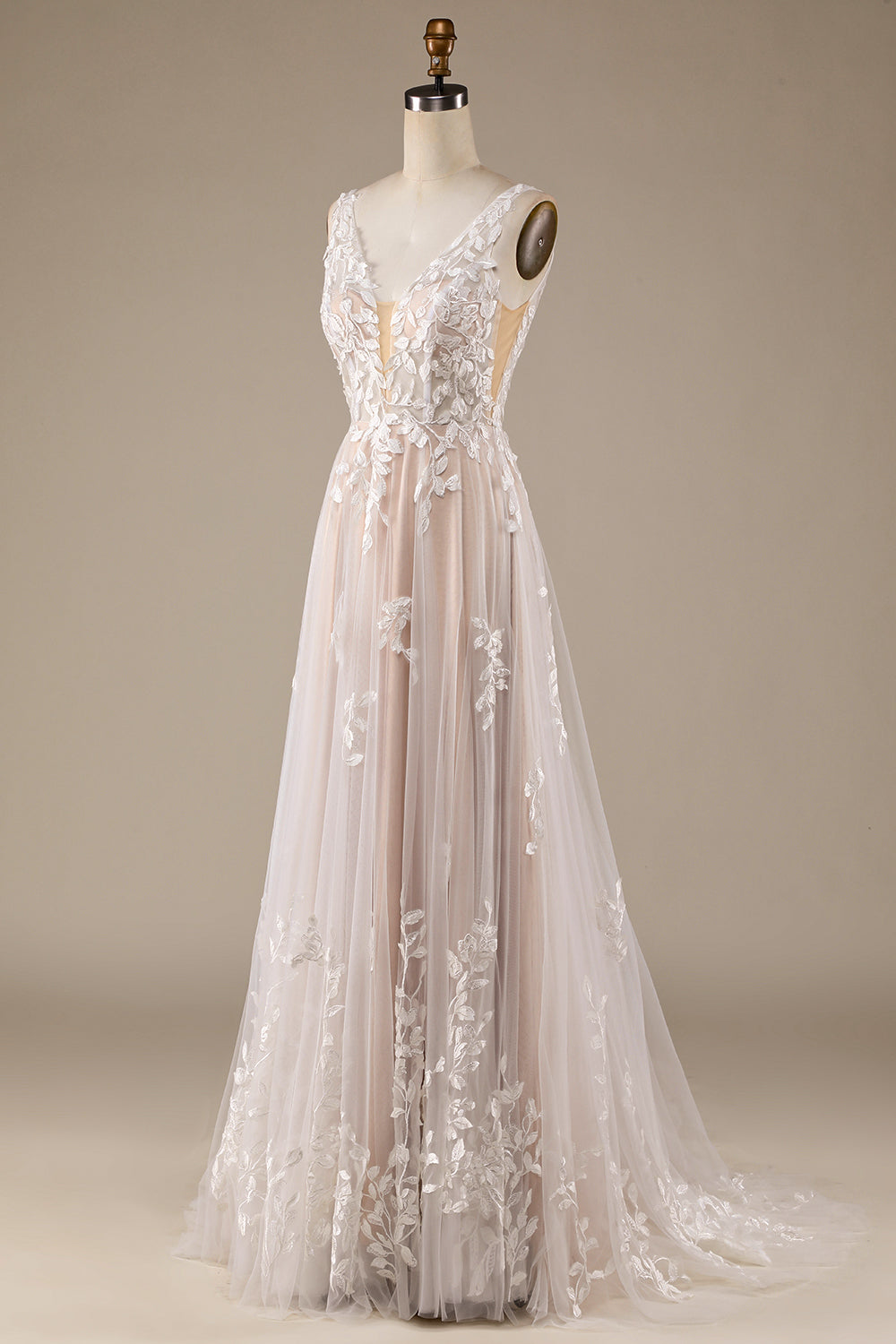 Ivory A Line V-Neck Backless Tulle Wedding Dress with Lace Open Back
