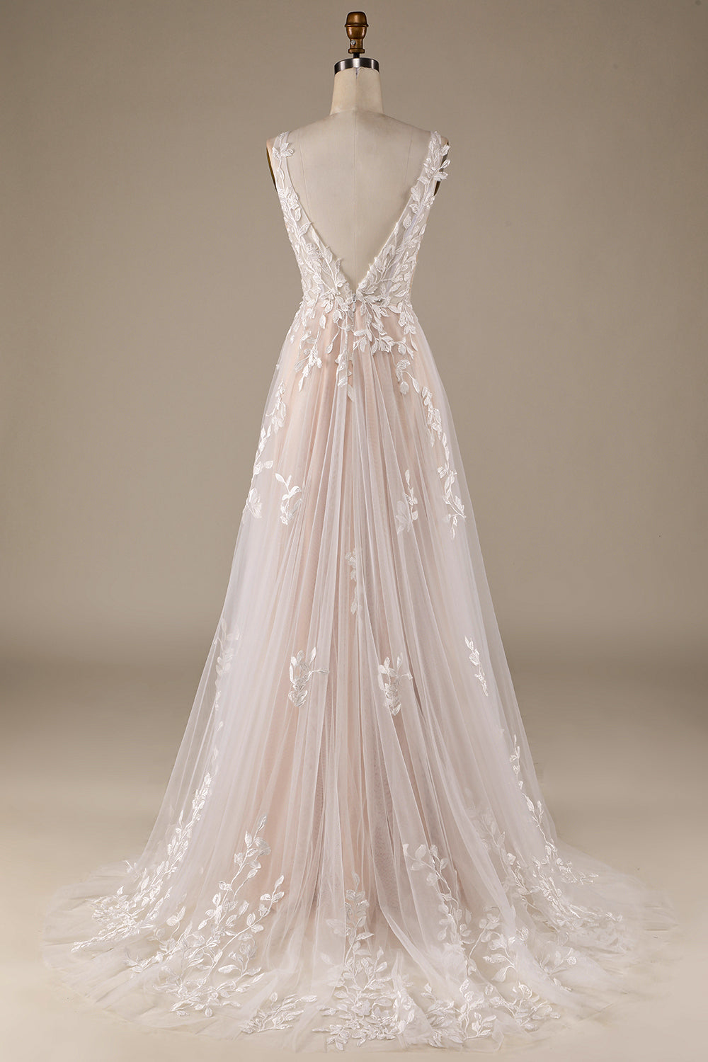 Ivory A Line V-Neck Backless Tulle Wedding Dress with Lace Open Back