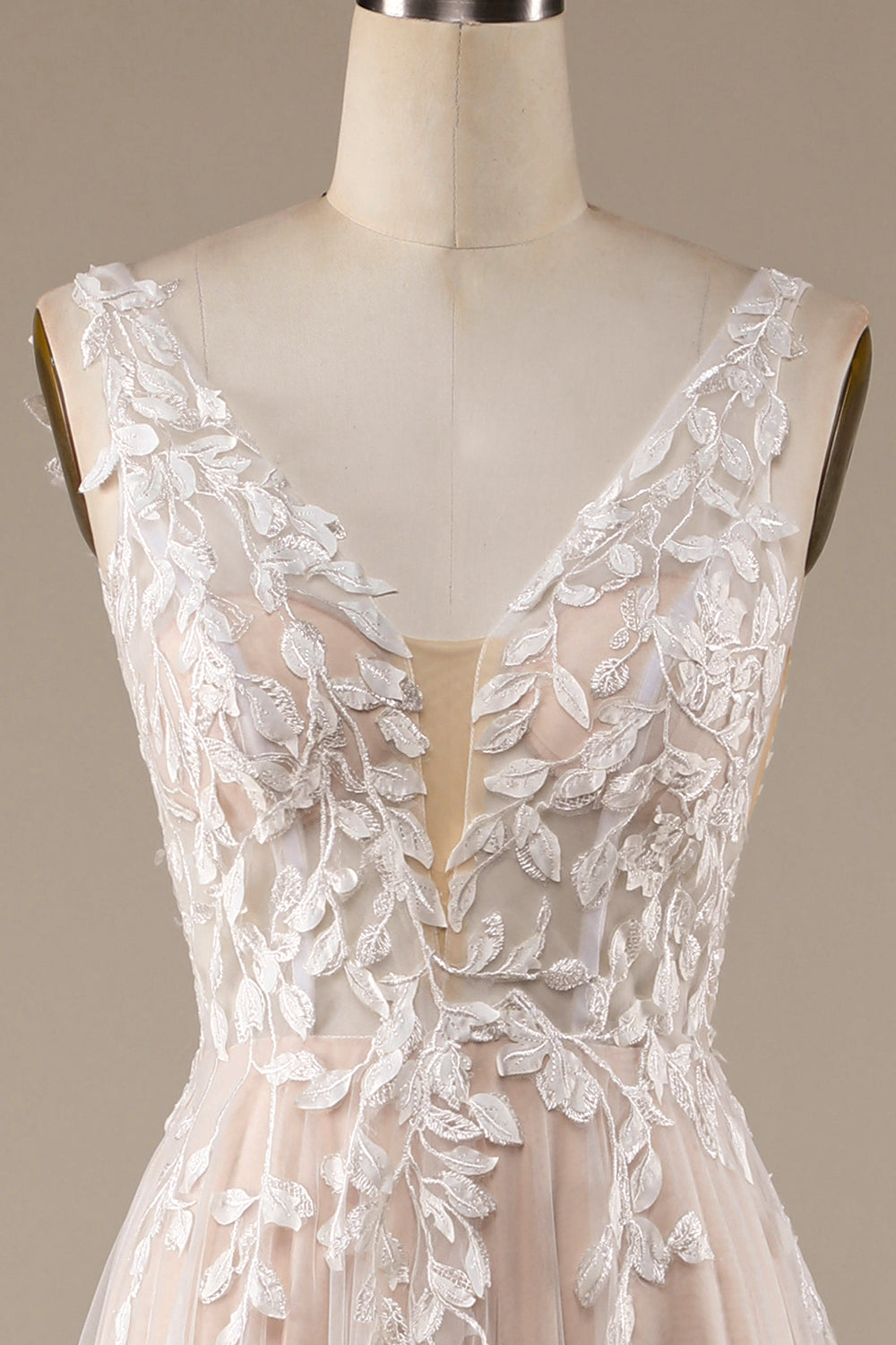 Ivory A Line V-Neck Backless Tulle Wedding Dress with Lace Open Back