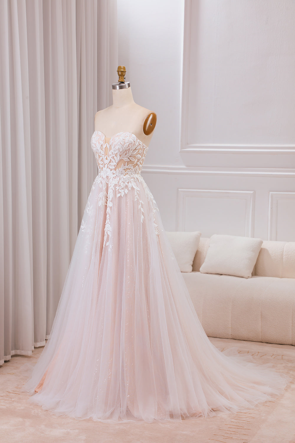 Detachable A Line Sweetheart Tulle Wedding Dress with Lace Off Shoulder