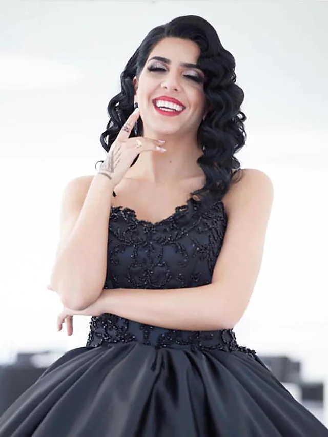 Ball Gown Wedding Dresses Sweetheart Neckline Court Train Lace Satin Spaghetti Strap Black with Draping