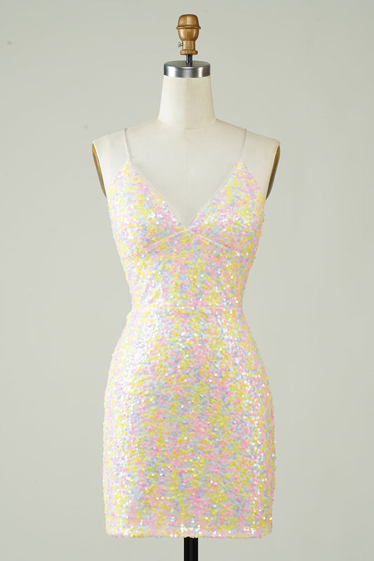 Tight Glitter Short Homecoming Dress With Rainbow Sequins Sexy