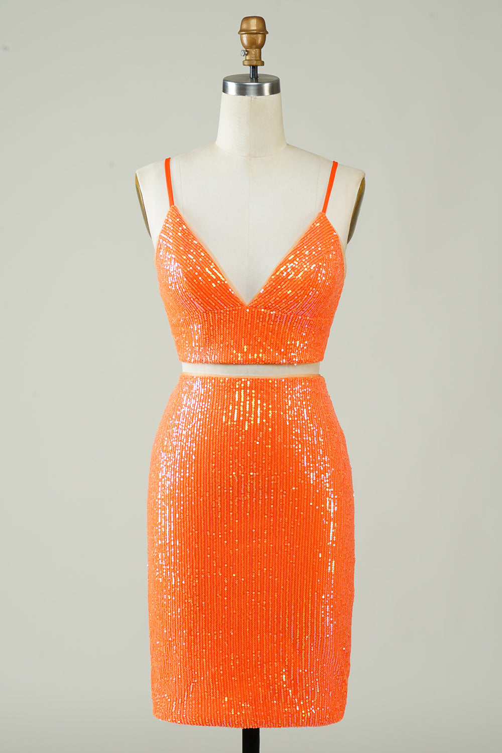 Two Piece Orange Sequins Tight Homecoming Dress Sexy Sparkly