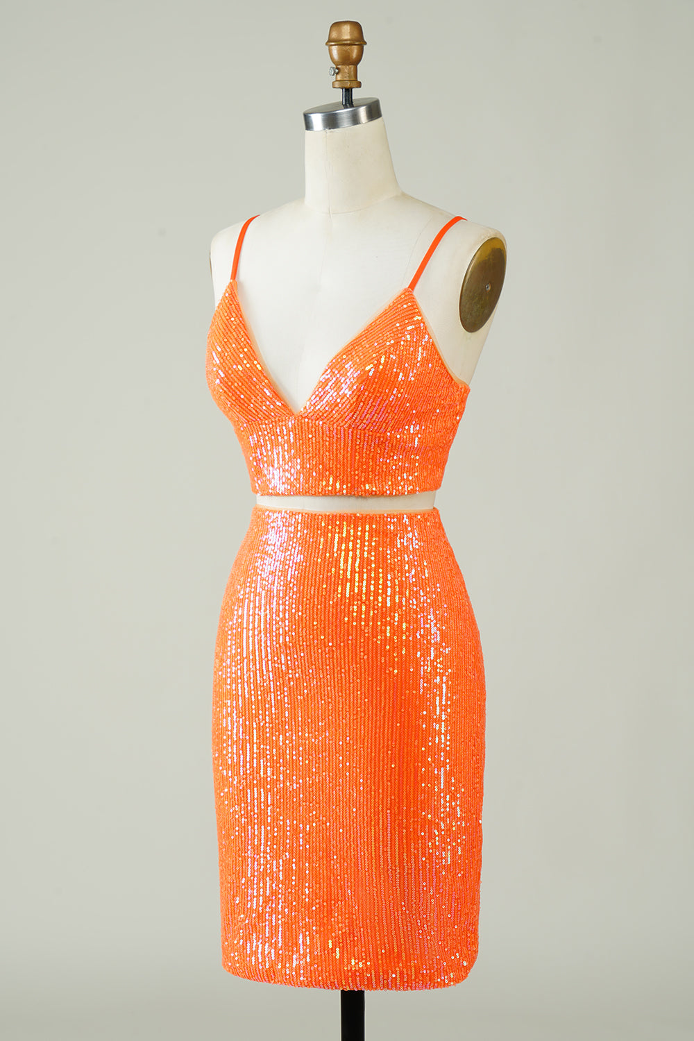 Two Piece Orange Sequins Tight Homecoming Dress Sexy Sparkly