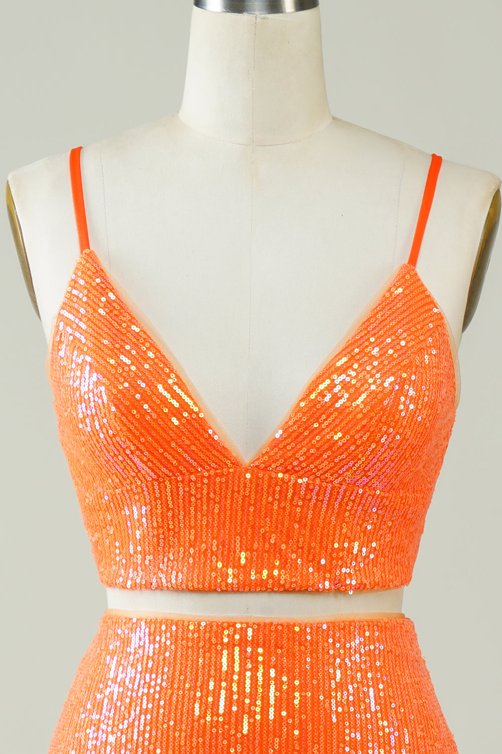 Two Piece Orange Sequins Tight Homecoming Dress Sexy Sparkly