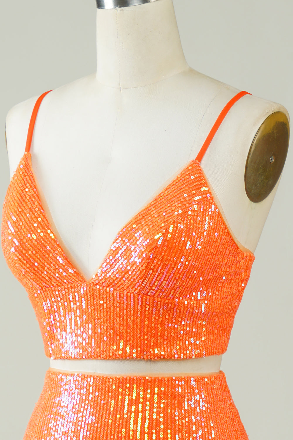Two Piece Orange Sequins Tight Homecoming Dress Sexy Sparkly