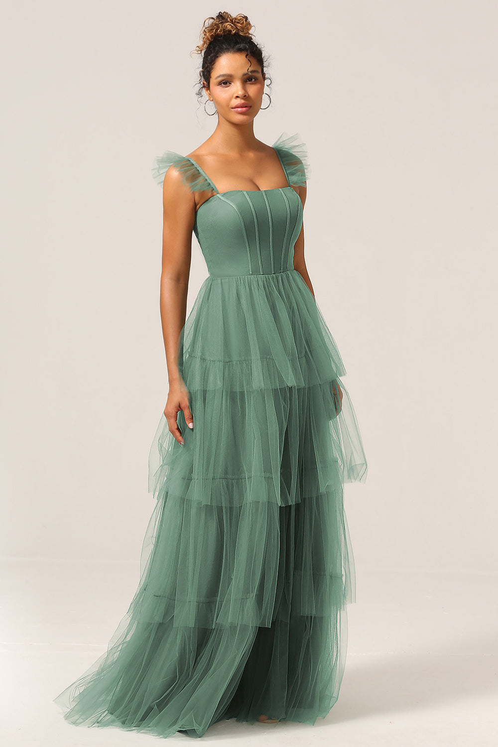 Eucalyptus A Line Spaghetti Straps Floor Length Tulle Bridesmaid Dress With Slit