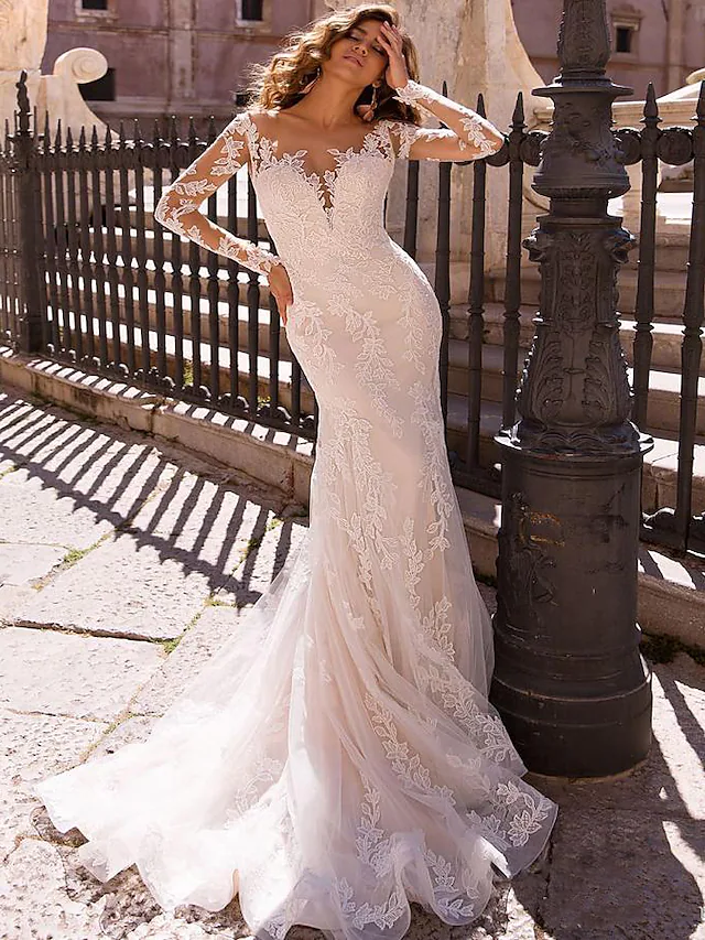 Wedding Dresses V Neck Court Train Lace Long Sleeve Formal Romantic Casual Modern Detachable Illusion Sleeve