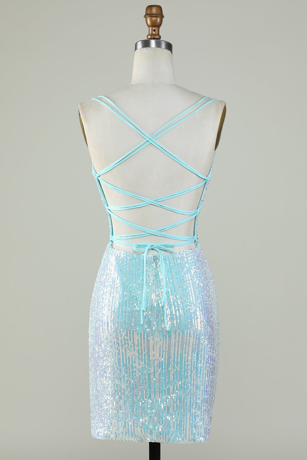 Light Blue Glitter Tight Homecoming Dress With Lace-Up Back Sparkly