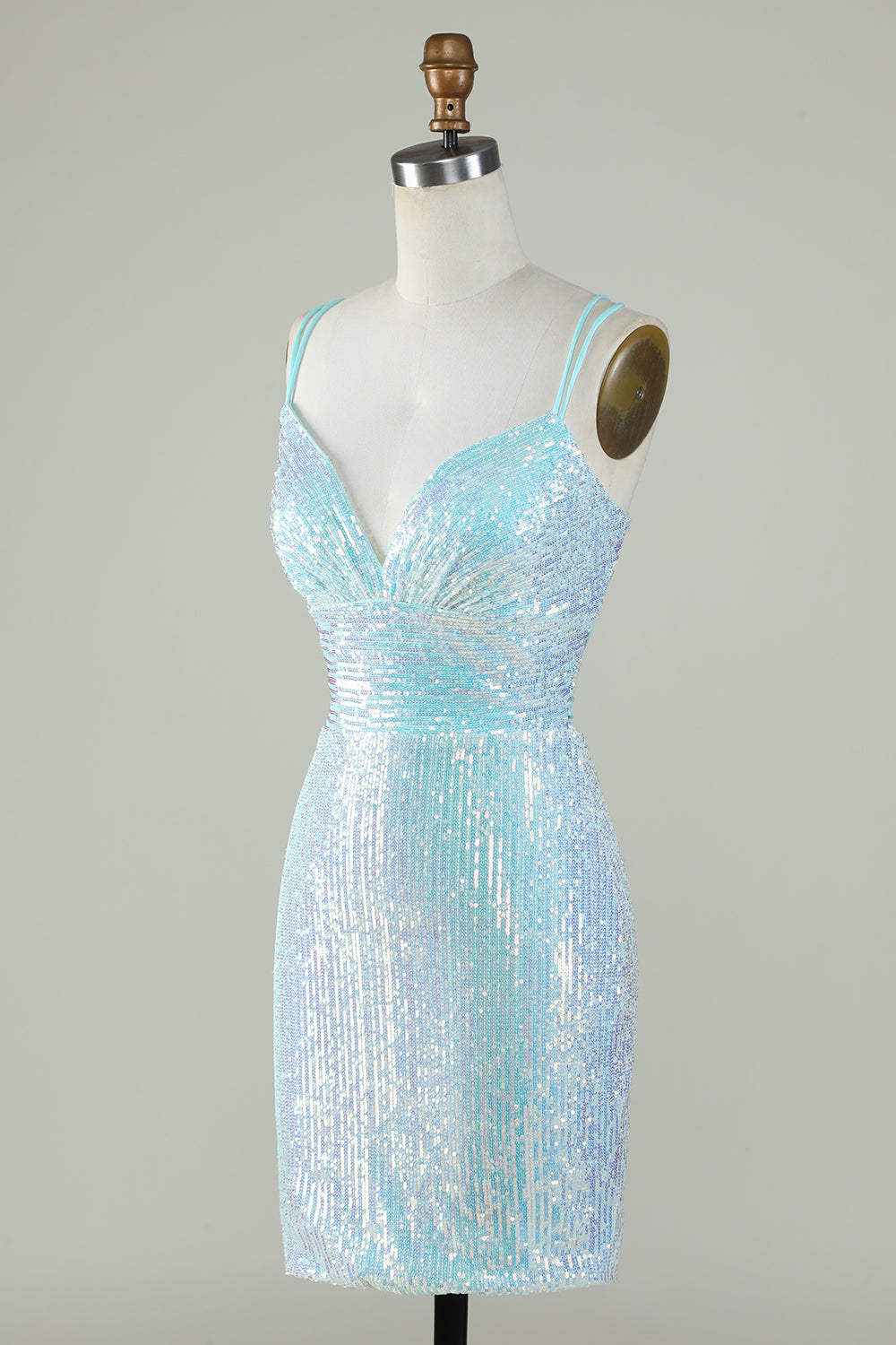 Light Blue Glitter Tight Homecoming Dress With Lace-Up Back Sparkly