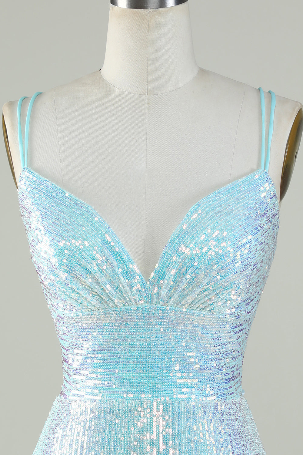 Light Blue Glitter Tight Homecoming Dress With Lace-Up Back Sparkly