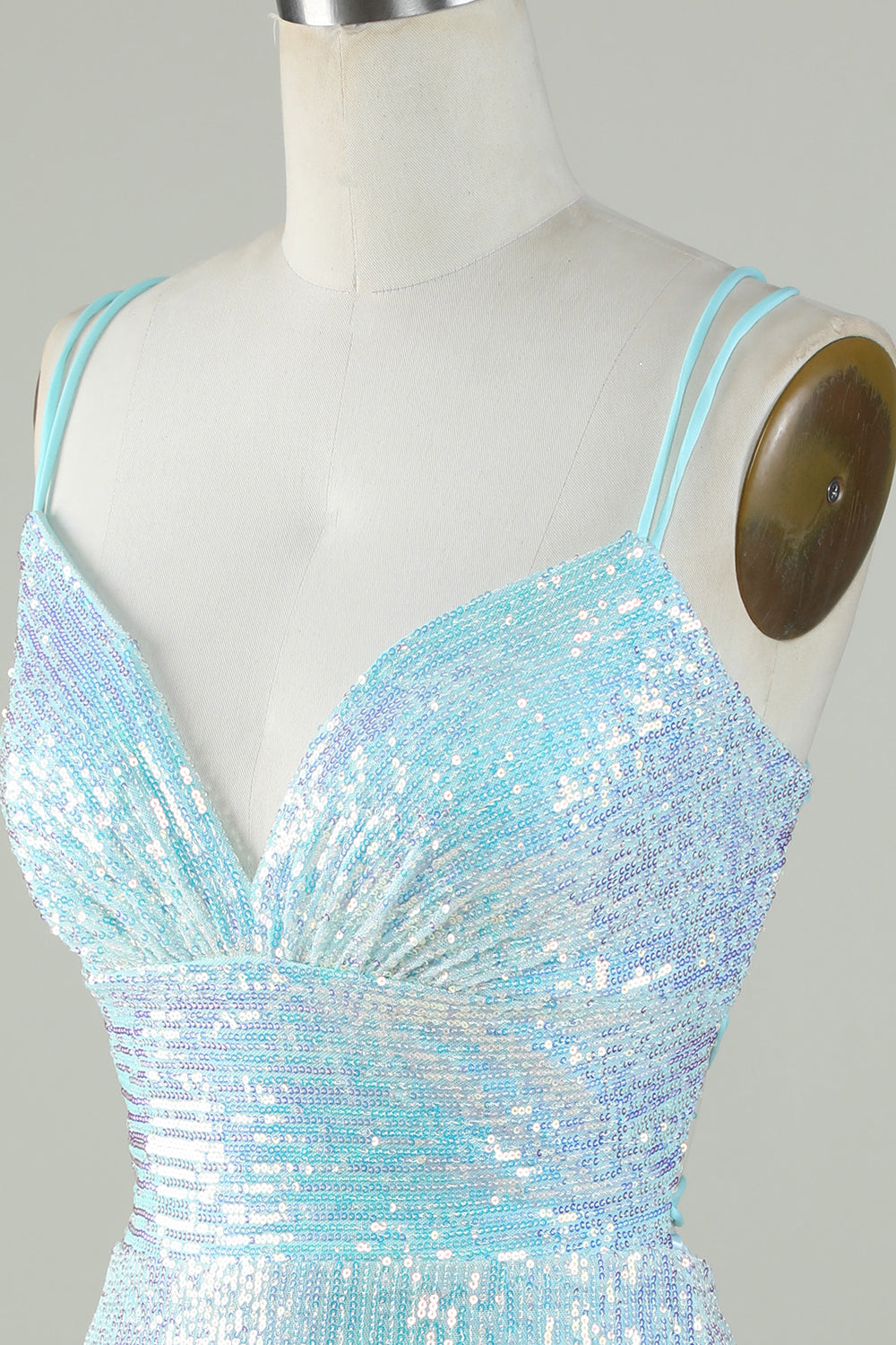 Light Blue Glitter Tight Homecoming Dress With Lace-Up Back Sparkly