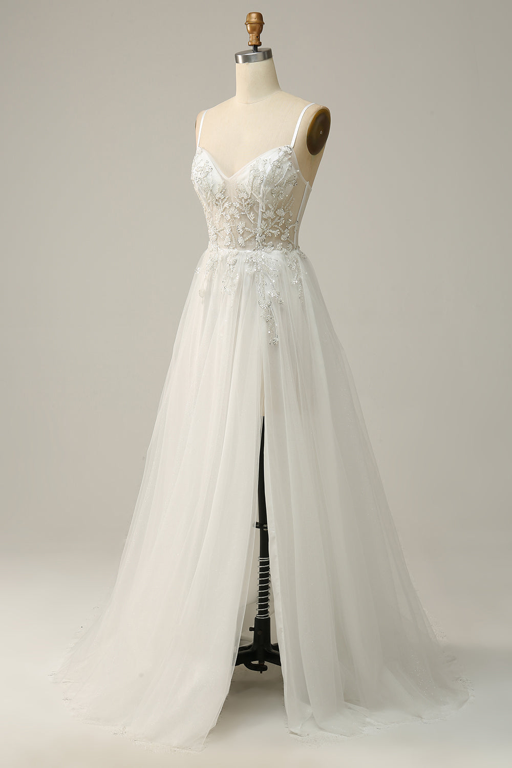 White A Line Spaghetti Straps Floor-Length Dress with Appliques Sexy