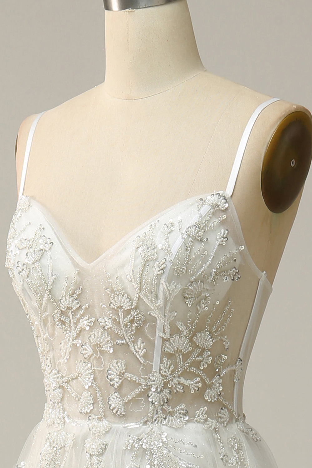 White A Line Spaghetti Straps Floor-Length Dress with Appliques Sexy