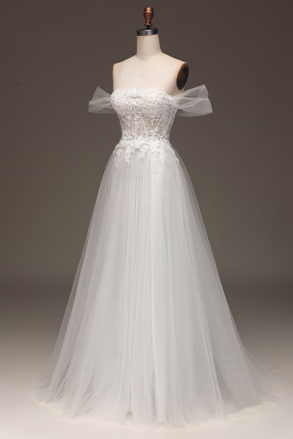 White A Line Long Corset Prom Dress With Appliques Off Shoulder