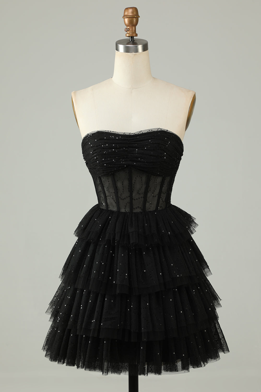 Black A Line Strapless Tiered Corset Homecoming Dress Off Shoulder
