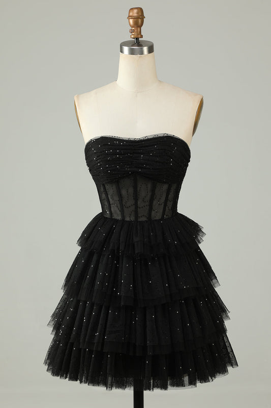 Black A Line Strapless Tiered Corset Homecoming Dress Off Shoulder