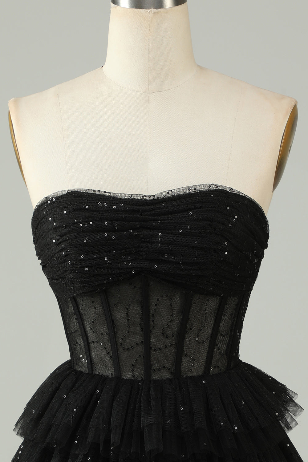 Black A Line Strapless Tiered Corset Homecoming Dress Off Shoulder