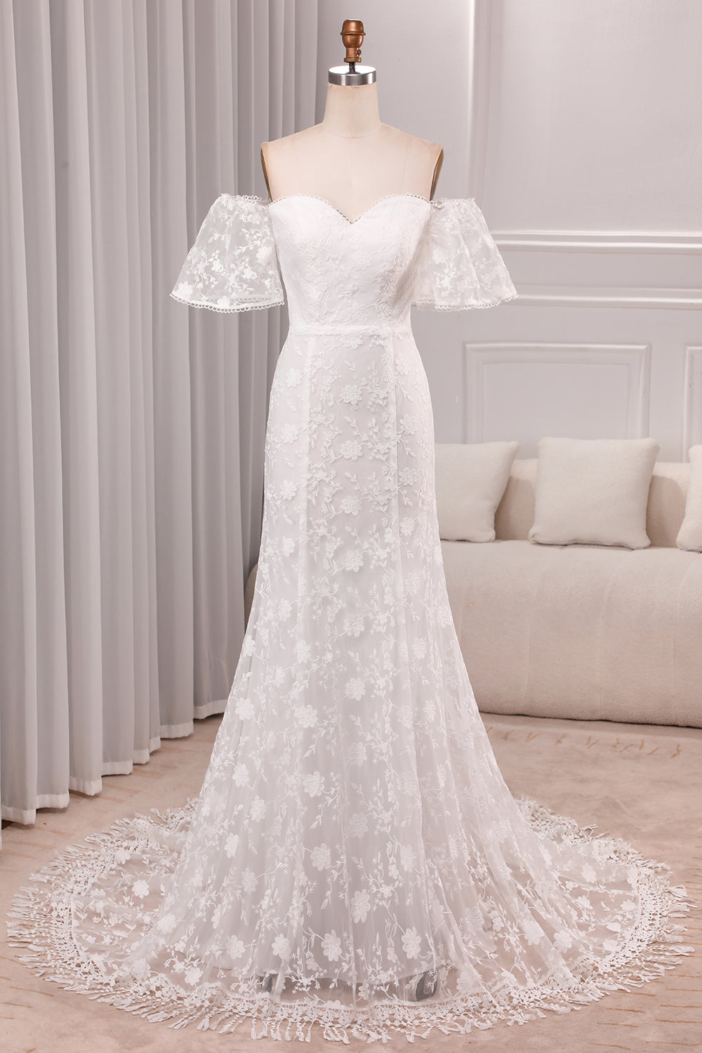 Ivory Mermaid Sweep Train Bridal Dress With Short Sleeves Off Shoulder