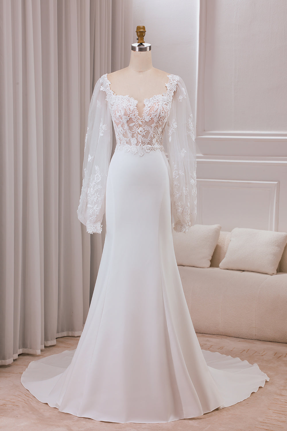 Ivory Mermaid Square Neck Corset Bridal Dress with Long Sleeves Sexy