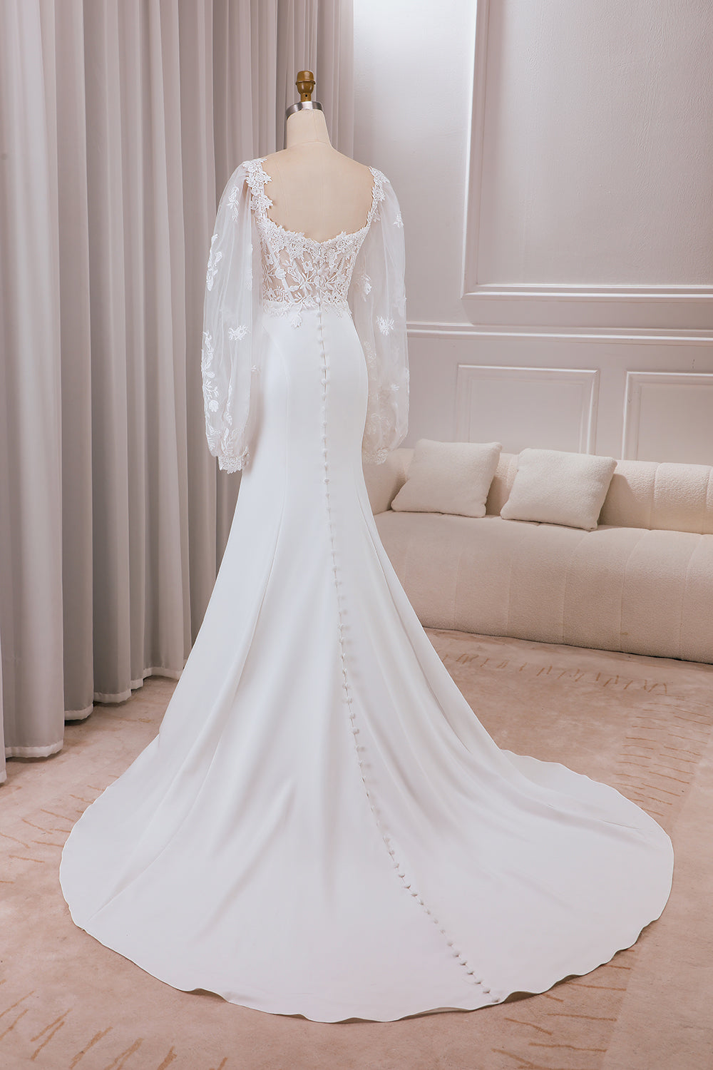 Ivory Mermaid Square Neck Corset Bridal Dress with Long Sleeves Sexy