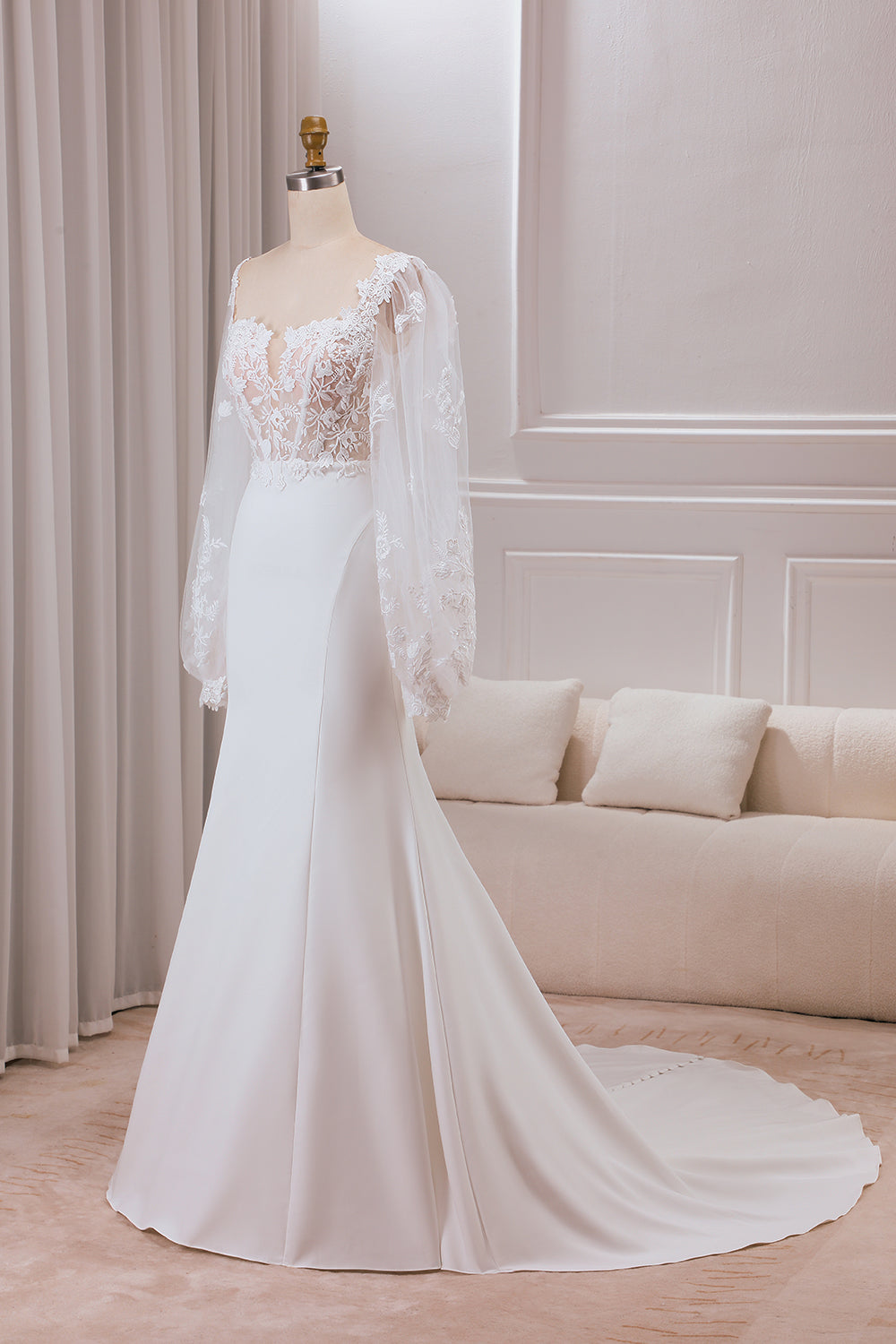 Ivory Mermaid Square Neck Corset Bridal Dress with Long Sleeves Sexy