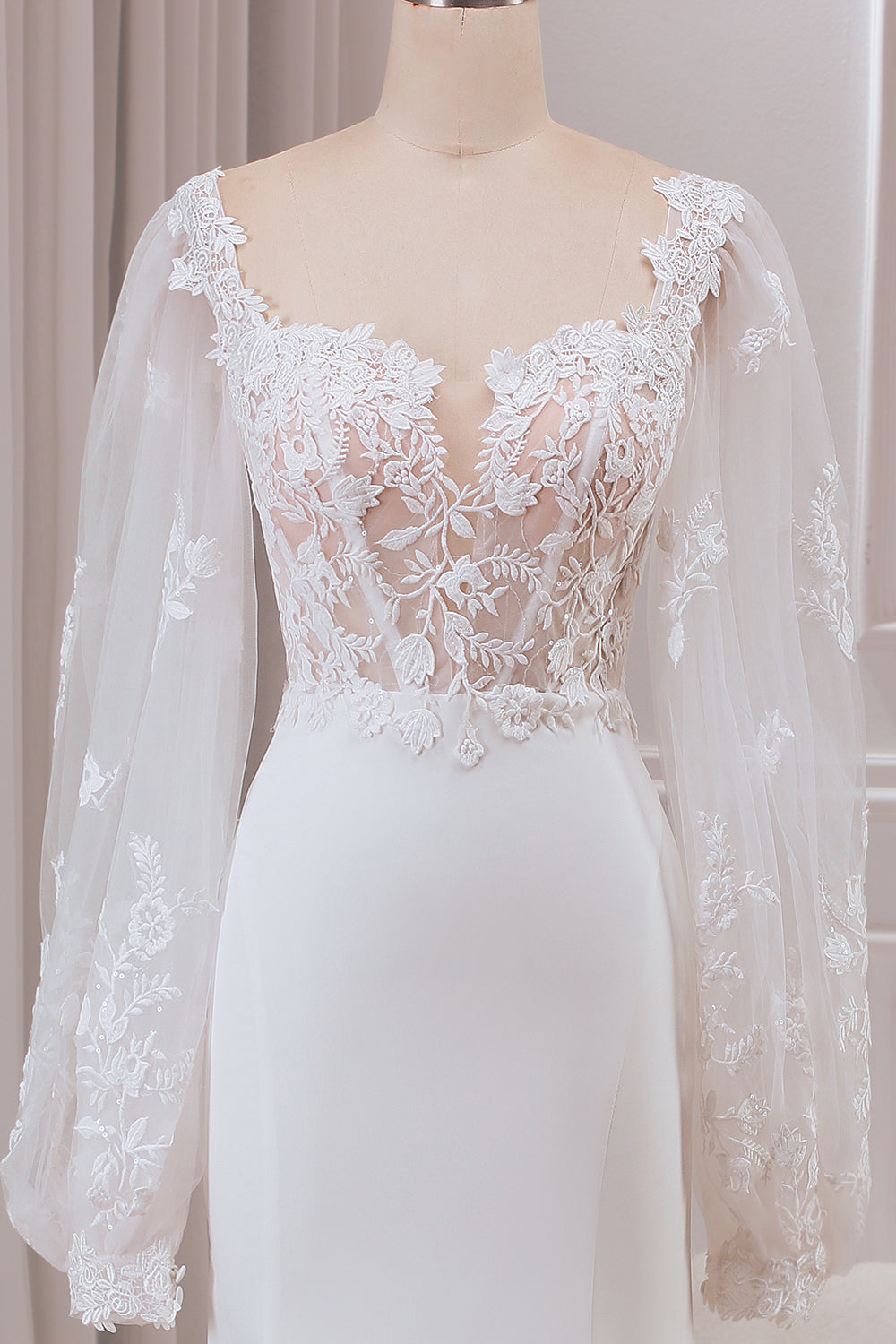 Ivory Mermaid Square Neck Corset Bridal Dress with Long Sleeves Sexy