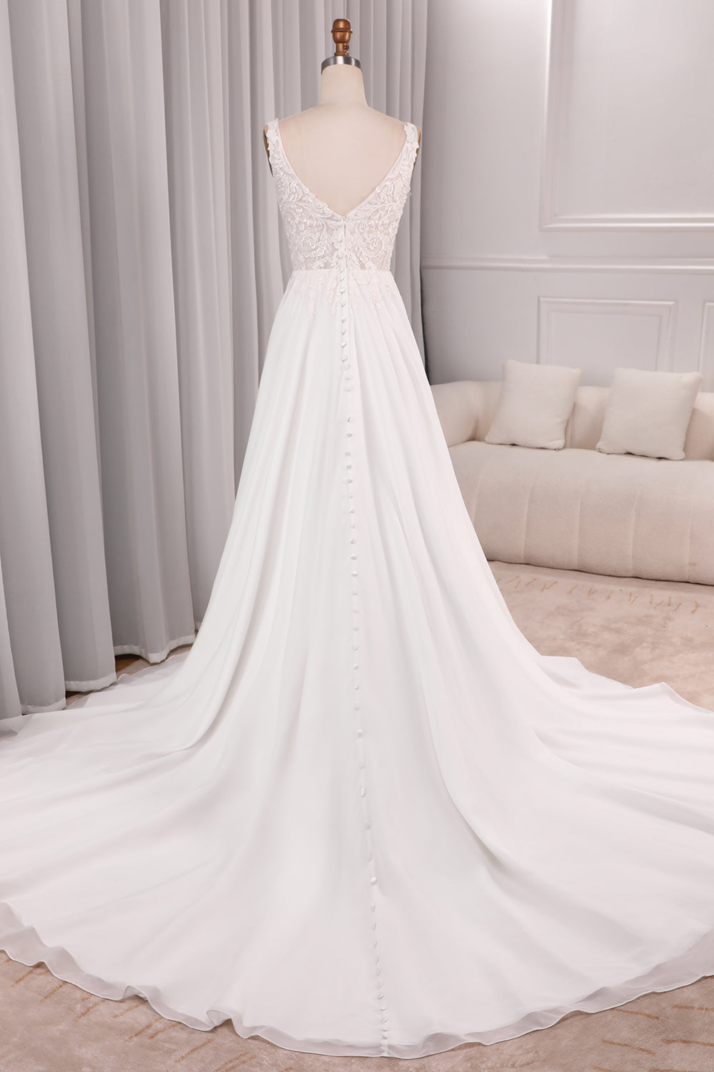 Ivory A Line Square Neck Corset Court Train Bridal Dress With Slit Long