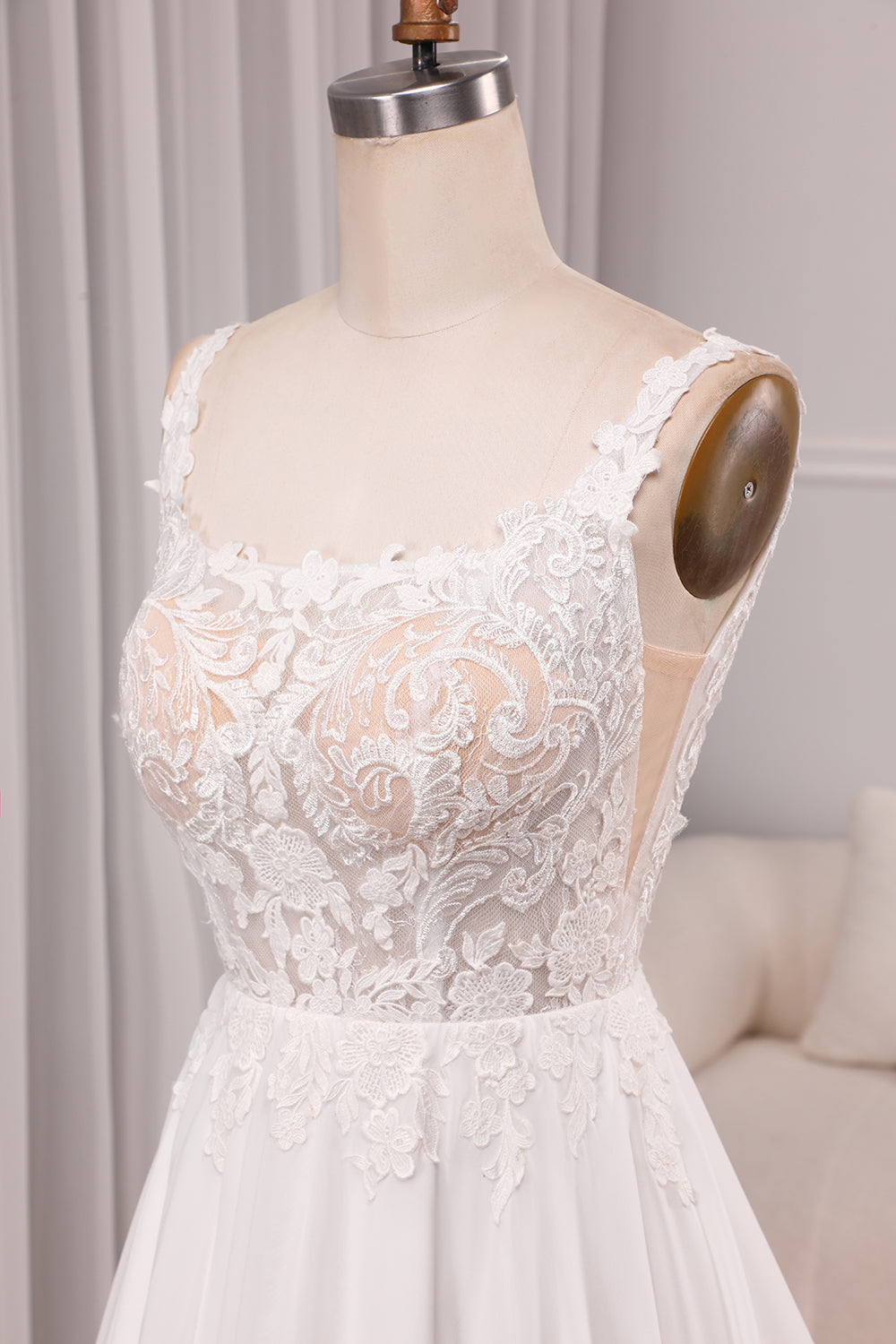 Ivory A Line Square Neck Corset Court Train Bridal Dress With Slit Long