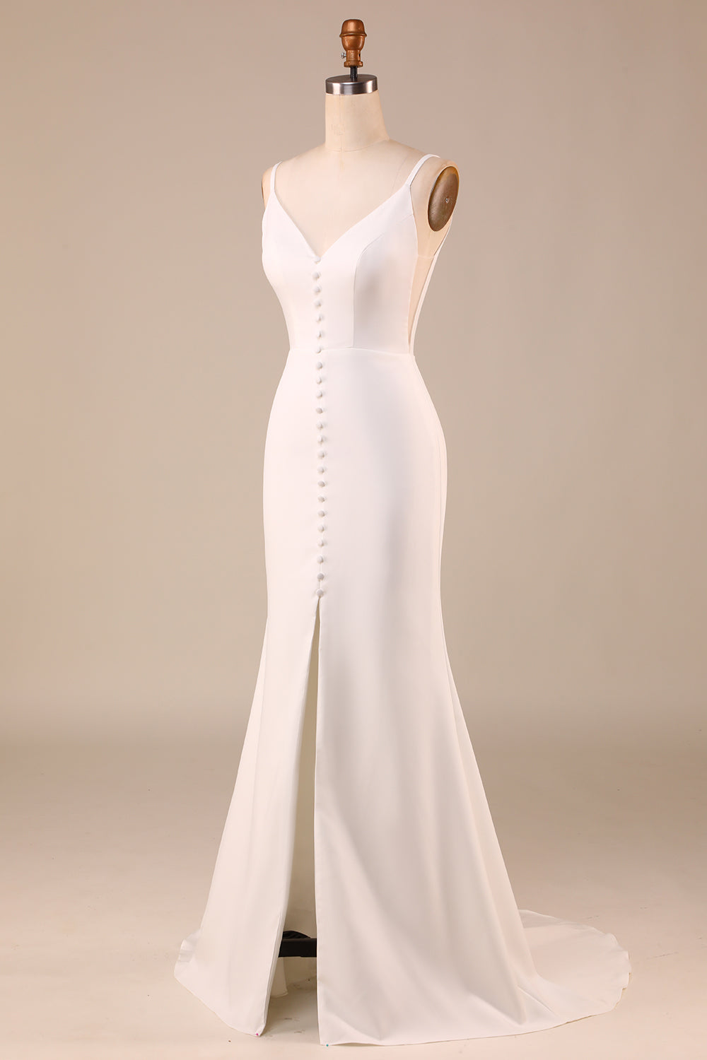 Ivory Spaghetti Straps V-Neck Sweep Train Wedding Dress With Slit Sexy