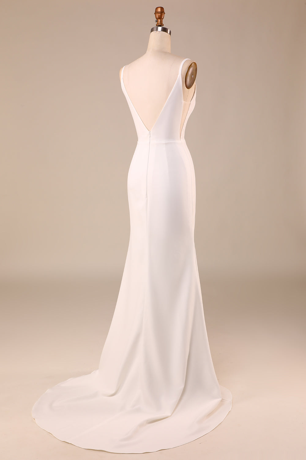 Ivory Spaghetti Straps V-Neck Sweep Train Wedding Dress With Slit Sexy