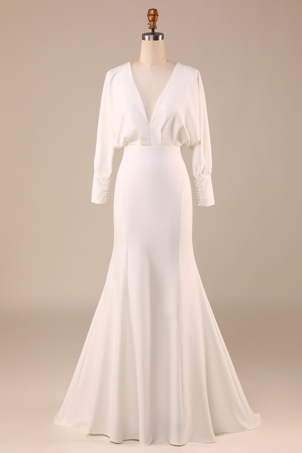 Ivory Mermaid V Neck Sweep Train Wedding Dress with Long Sleeves Sexy