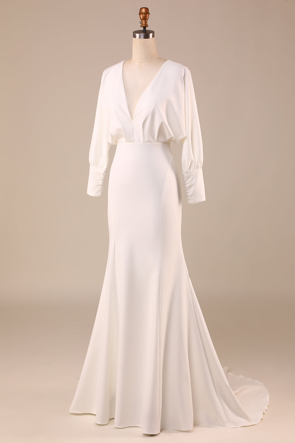 Ivory Mermaid V Neck Sweep Train Wedding Dress with Long Sleeves Sexy
