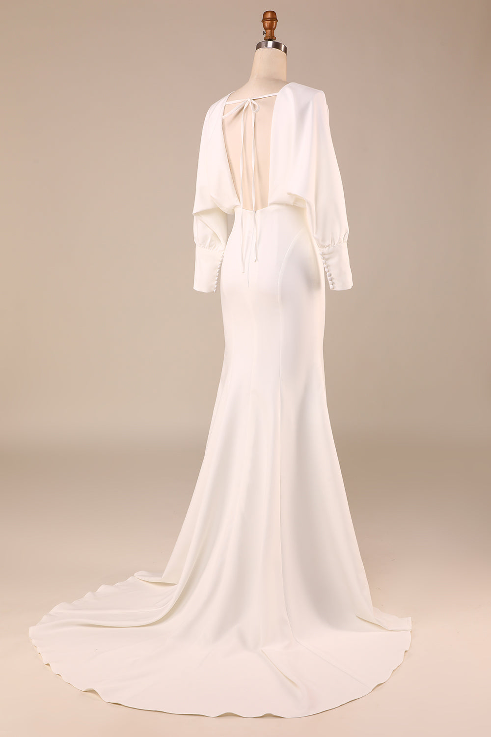 Ivory Mermaid V Neck Sweep Train Wedding Dress with Long Sleeves Sexy