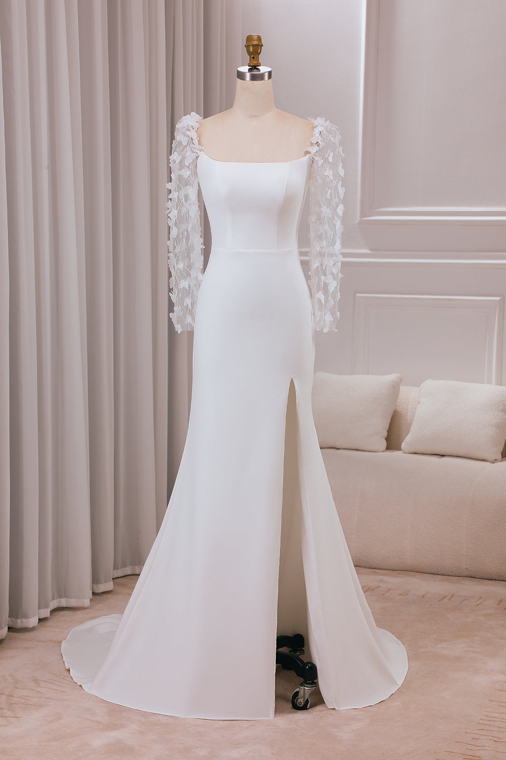 Ivory Trumpet Sweep Train Long Sleeves Bridal Dress with 3D Appliques Sexy