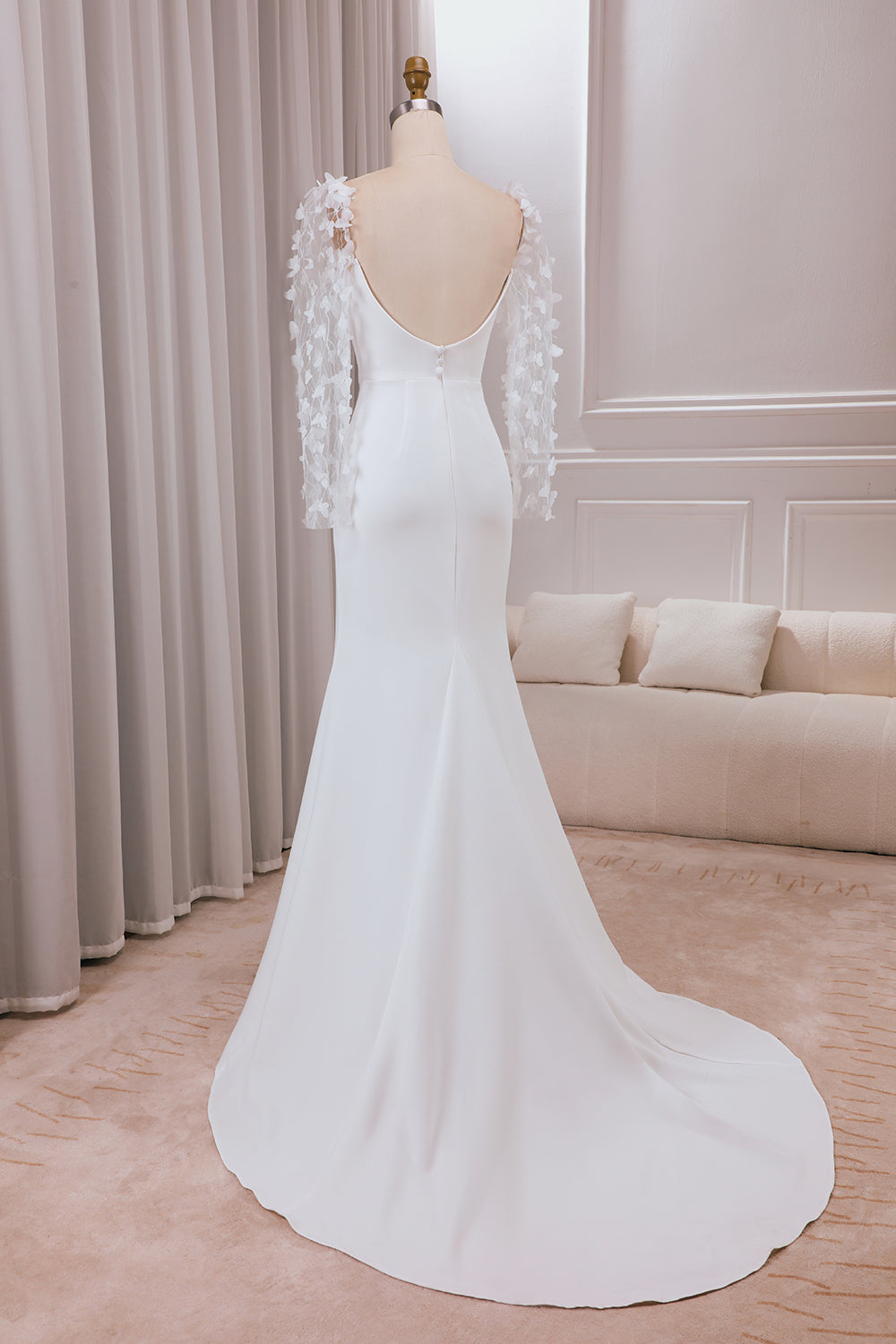 Ivory Trumpet Sweep Train Long Sleeves Bridal Dress with 3D Appliques Sexy