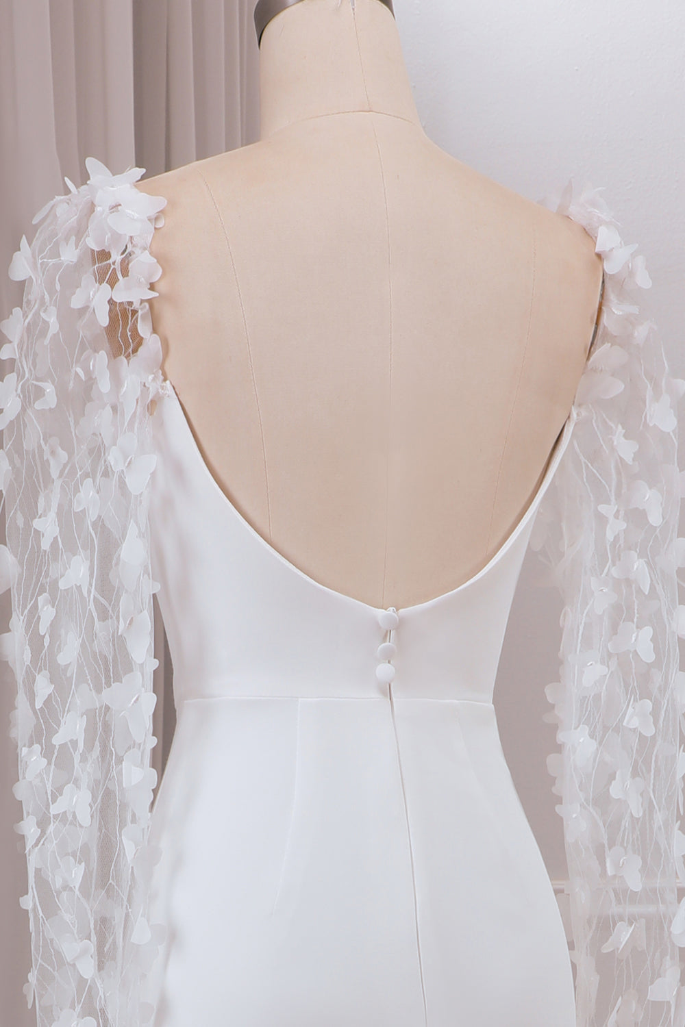 Ivory Trumpet Sweep Train Long Sleeves Bridal Dress with 3D Appliques Sexy