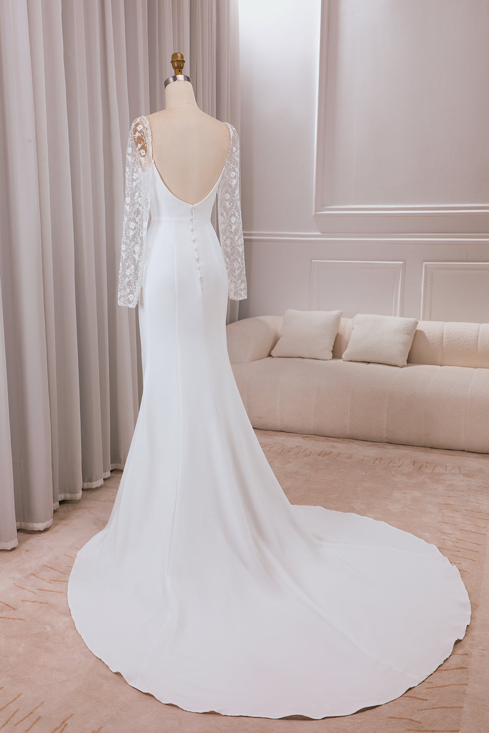 Ivory Trumpet Sweetheart Neck Satin Bridal Dress with Lace Long Sleeves Sexy