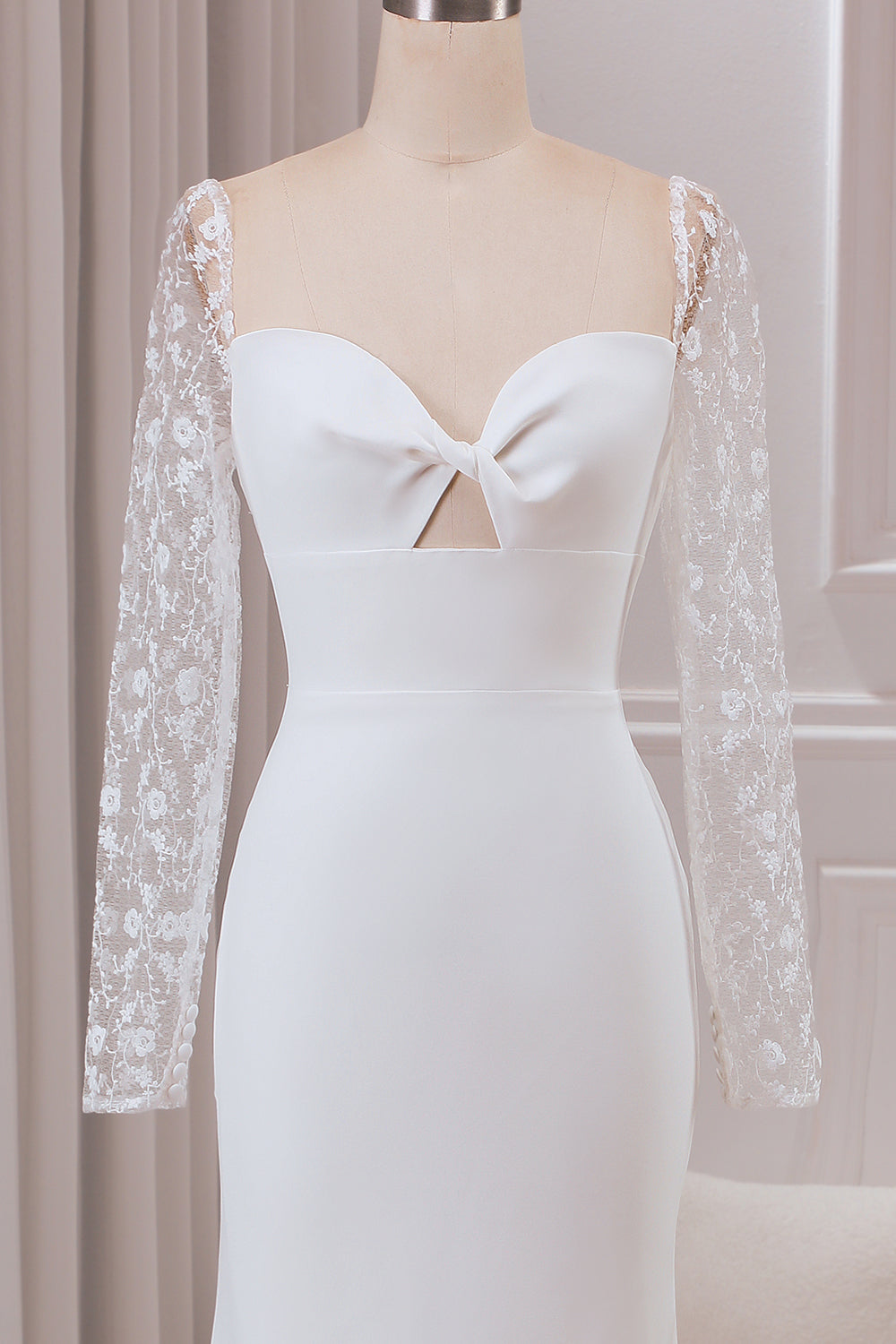 Ivory Trumpet Sweetheart Neck Satin Bridal Dress with Lace Long Sleeves Sexy