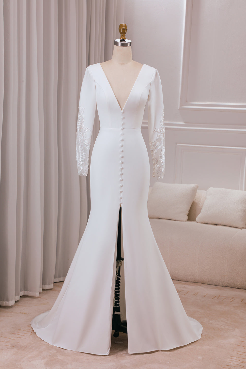 Ivory Mermaid Deep V-Neck Long Sleeves Crepe and Lace Wedding Dress Sexy